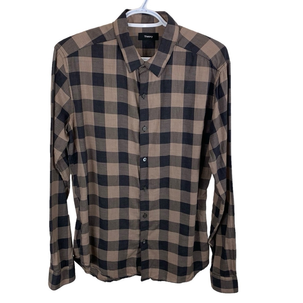 Theory sz M Tan Black Irving Hunter Plaid Men's Shirt Checkered Button Up